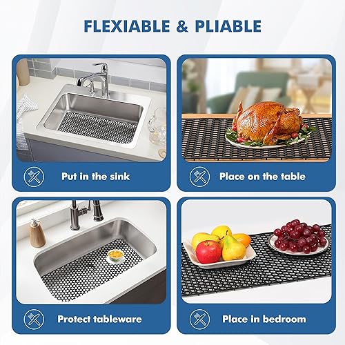 Miniatura 183 de Paquete de 2 tapetes de silicona para fregadero de 13.58 x 11.6 pulgadas, protectores para fregadero de cocina con drenaje central, rejilla Gris