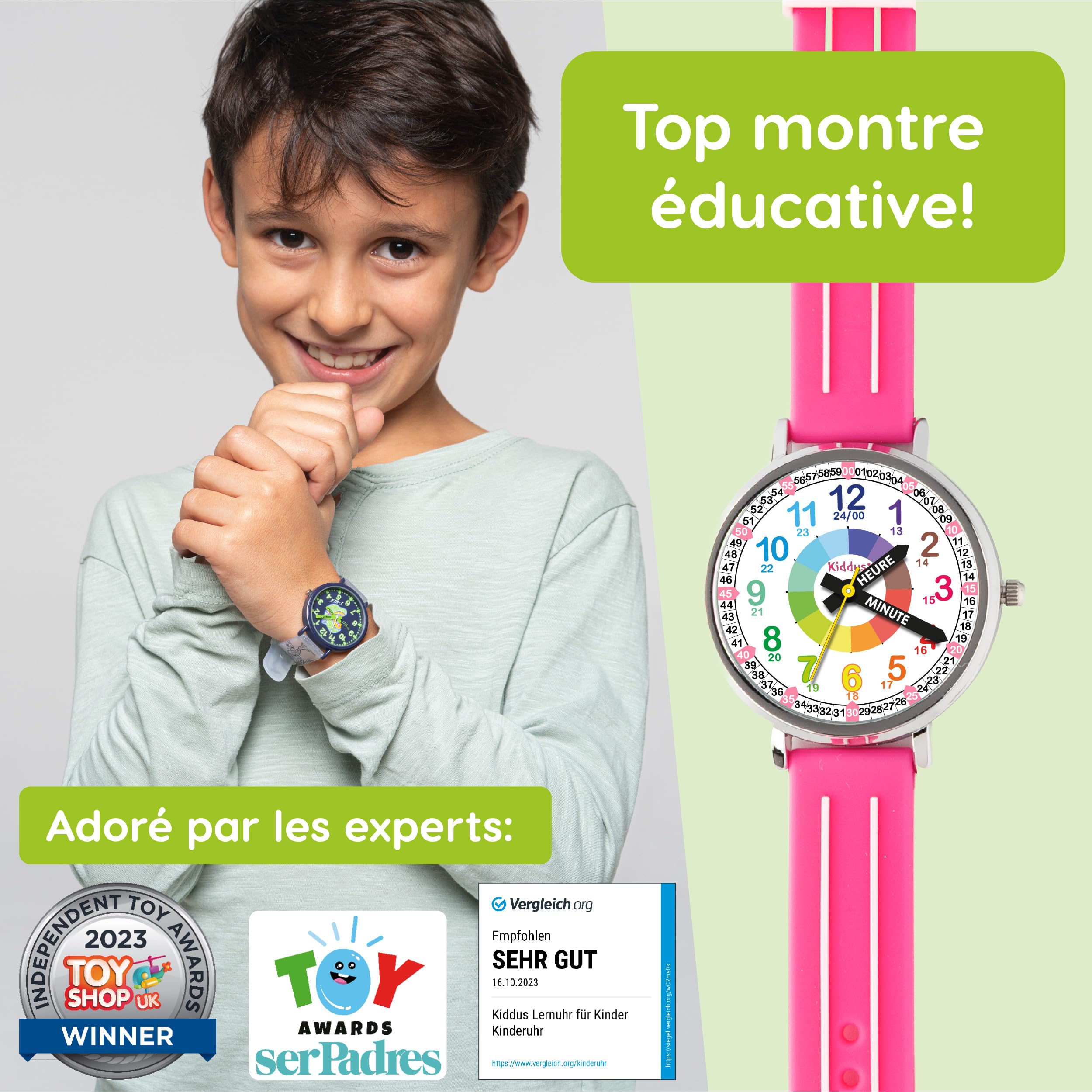 Kiddus Montre Enfant Fille et Garçon à partir de 5 Ans, Montre Éducative Analogique à Aiguilles, Apprentissage de l'Heure, Mouvement Japonais