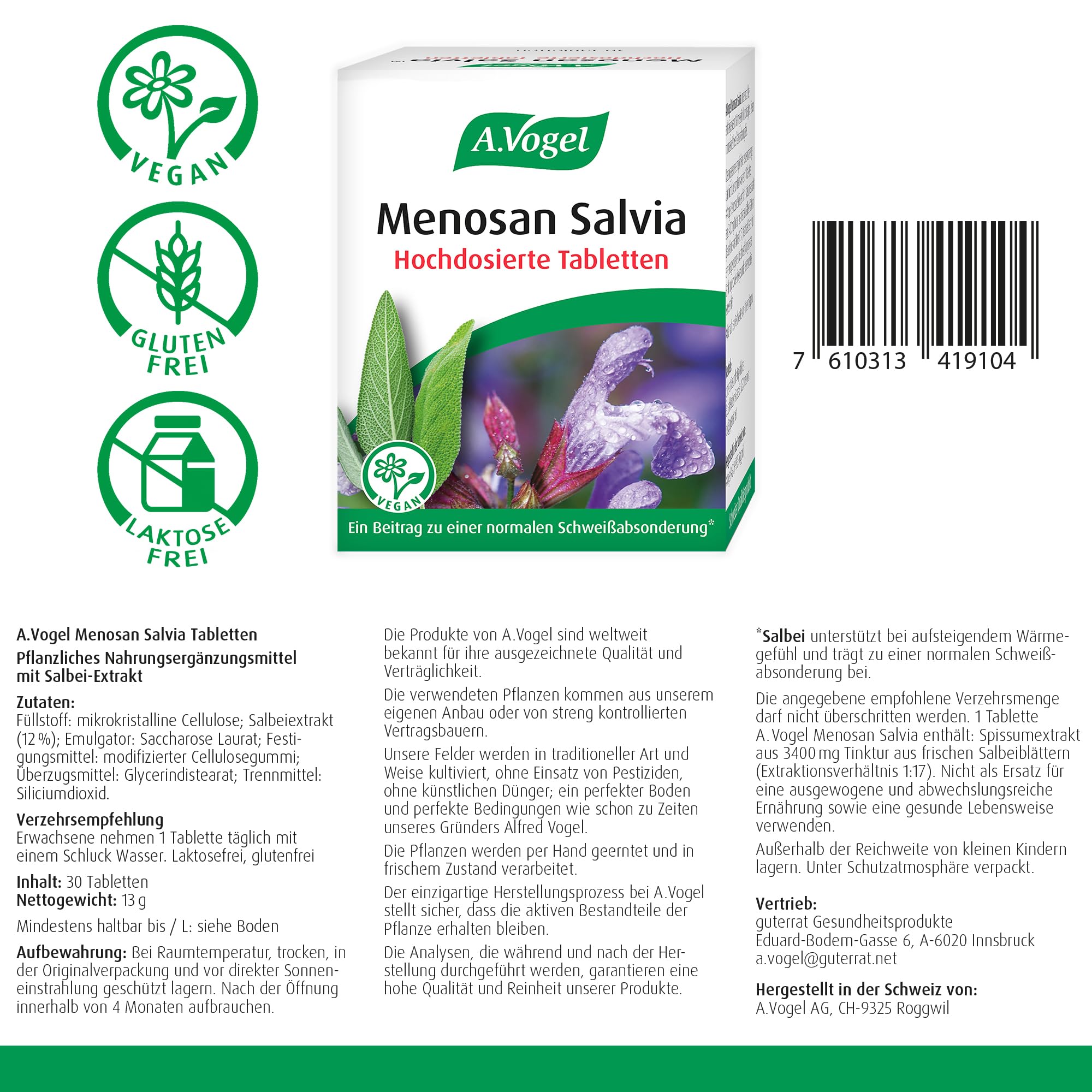 A.Vogel Menosan Salvia 30 Tabletten, pflanzliches Nahrungsergänzungsmittel, Salbei unterstützt in den Wechseljahren, Vegan, mit Spissumextrakt aus frischen Salbeiblättern
