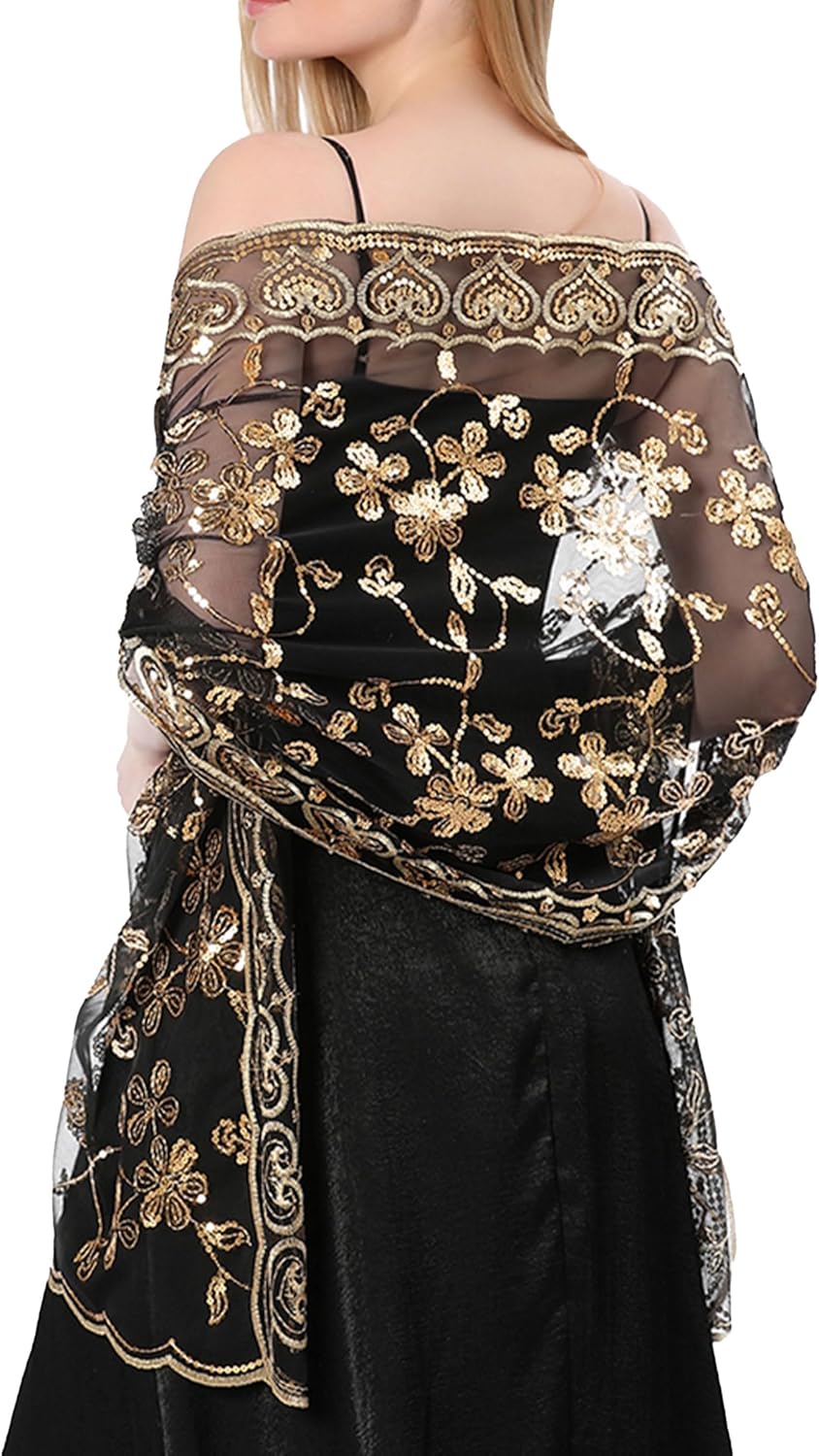 Shawls and Wraps for Evening Dresses,Women Formal 1920s Sequin Flower Sheer Shawls and Wraps for Wedding-