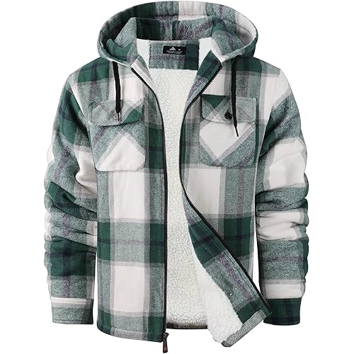 SCODI Men's Flannel Shirt Jacket Fleece Sherpa Lined Plaid Jackets Coat Full Zip Up Hoodie Winter Outwear