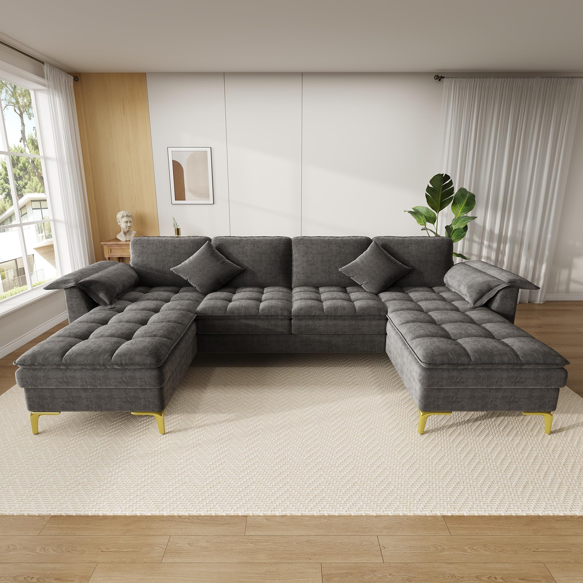 Sofá esquinero en forma de U, diseño modular de 4 plazas con efecto nube y cojín de espuma de doble capa, incluye 2 chaise longues, 2 cojines, patas de metal doradas, funda de chenilla, adecuado para
