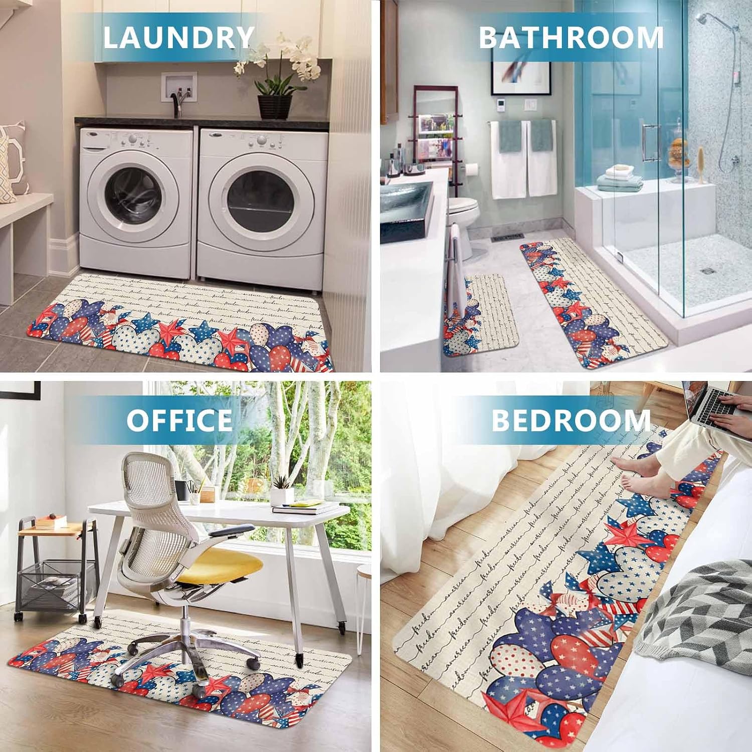 Prime Leader Independence Day Kitchen Mat Set 2 Pieces Vintage Letter US Flag Heart Stars Patriotic Non Slip Kitchen Rugs Washable Runner Rug Mats for Sink Laundry (19.7" x 31.5"+19.7" x 63")
