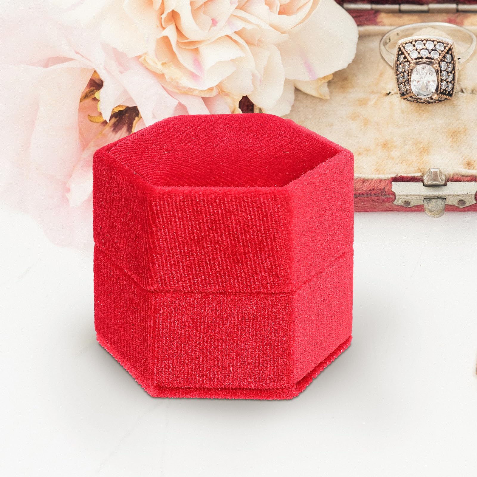 YDYDTTKD Boîte à bagues de fiançailles hexagonale en Velours, conteneur à Double Anneau, Organisateur de Bijoux de Mariage en Marron pour Proposition et cérémonie
