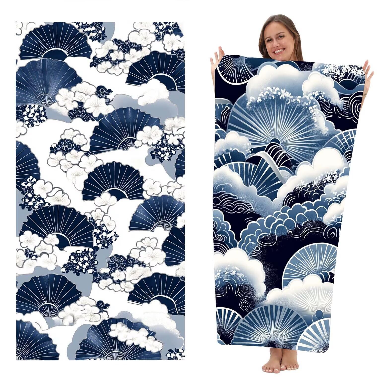 Strandtuch XXL 2 Set Microfaser Handtucher Mikrofaser Badetuch Beach Towels 90x200 cm Schnelltrocknend Strandtücher Leicht Badehandtuch Stranddecke Sandfrei Microfasertuch (Lüfter Dunkelblau) z-5317
