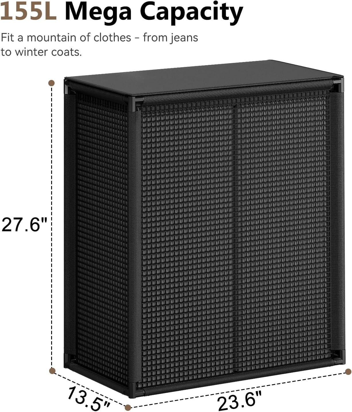 Double Laundry Hamper with Lid, 155L Large Laundry Basket 2 Section, Black