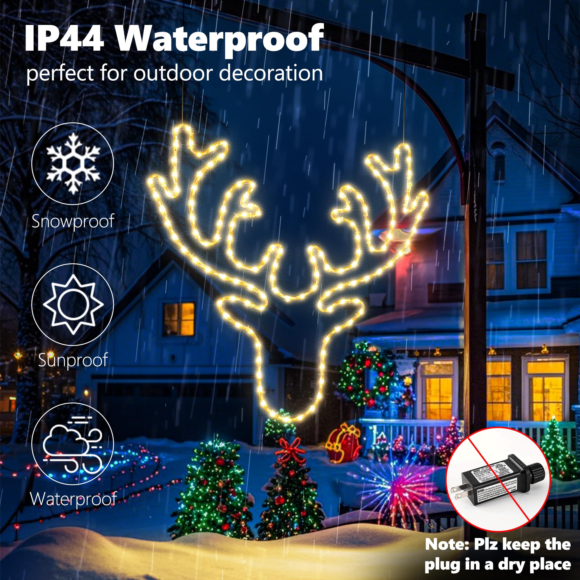 Weihnachts-Lichterkette, 81,3 cm, groß, Rentier, Dekoration, 134 LEDs, wasserdicht, beleuchtet, großes Elchschild für die Wanddekoration mit Timer für den Außenbereich, Zuhause, Party, Wandbehang