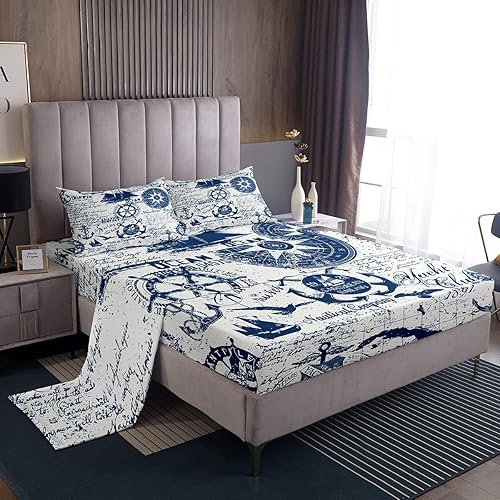 jejeloiu Juego de sábanas decorativas de ancla para niños, tamaño Queen, con estampado de timón, sábanas temáticas náuticas con sábana bajera