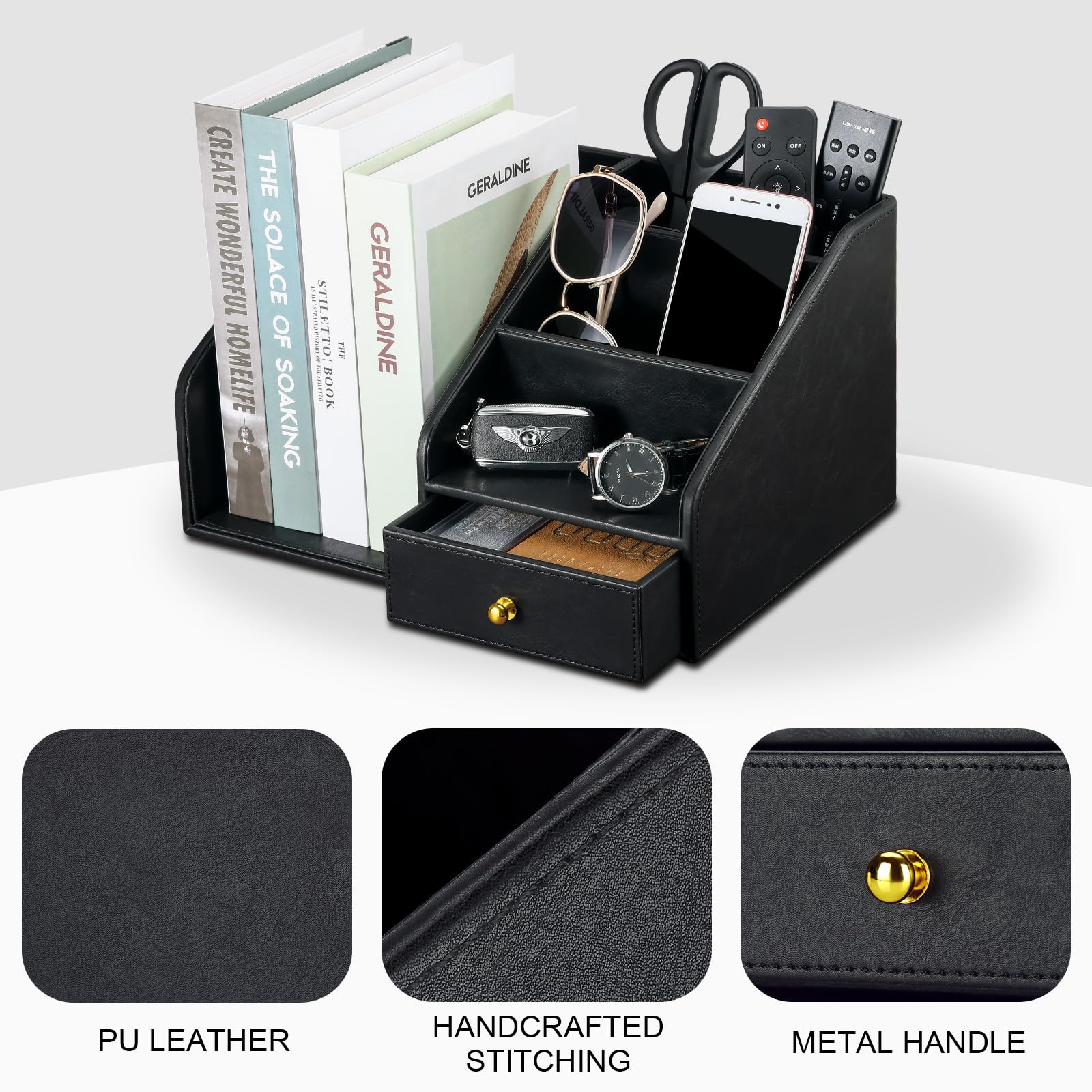 KINGFOM Organizer da scrivania in pelle PU con cassetto – Scatola portaoggetti da scrivania multi-scomparto per forniture per ufficio, posta, penne, accessori – nero e marrone Home Office Caddy (nero)