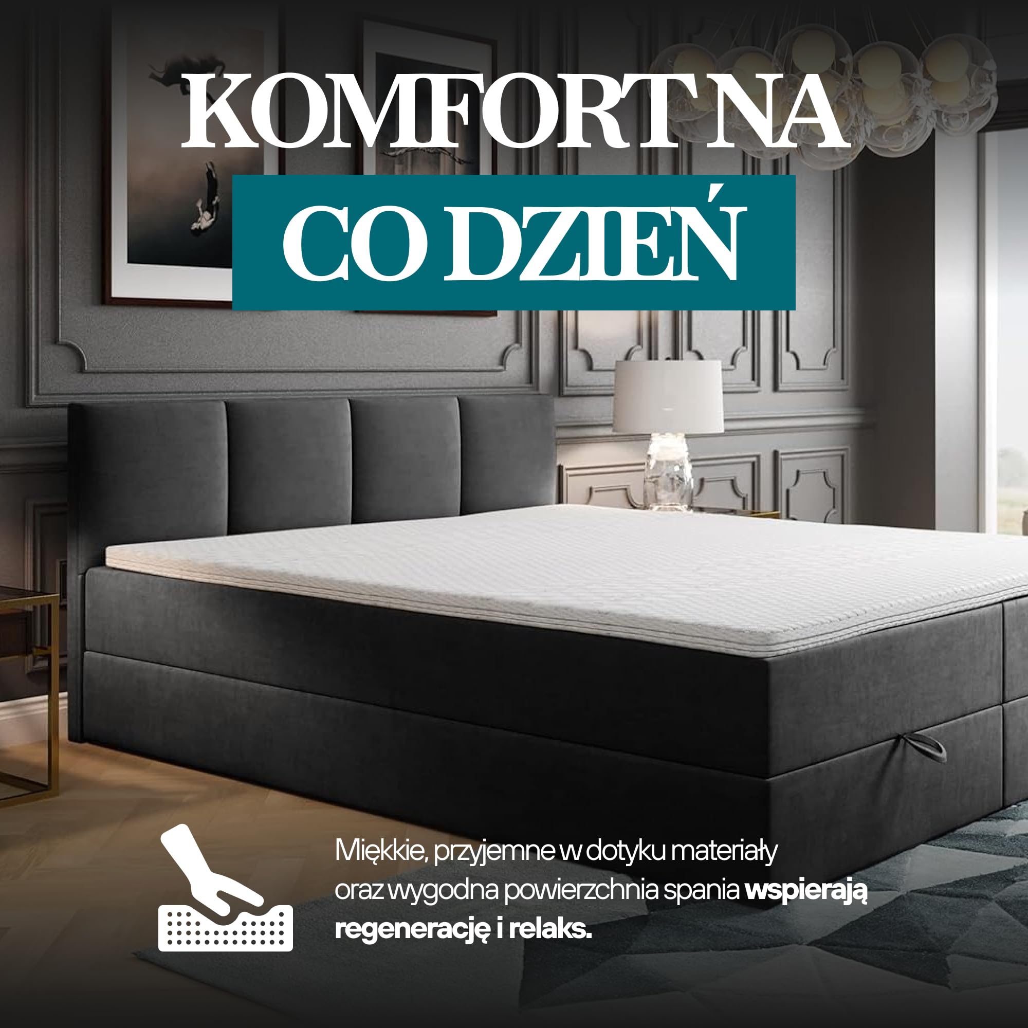 TRADA Łóżko kontynentalne 180 x 200 cm ze skrzynią na pościel i materacem bonellowym, ciemnoszare
