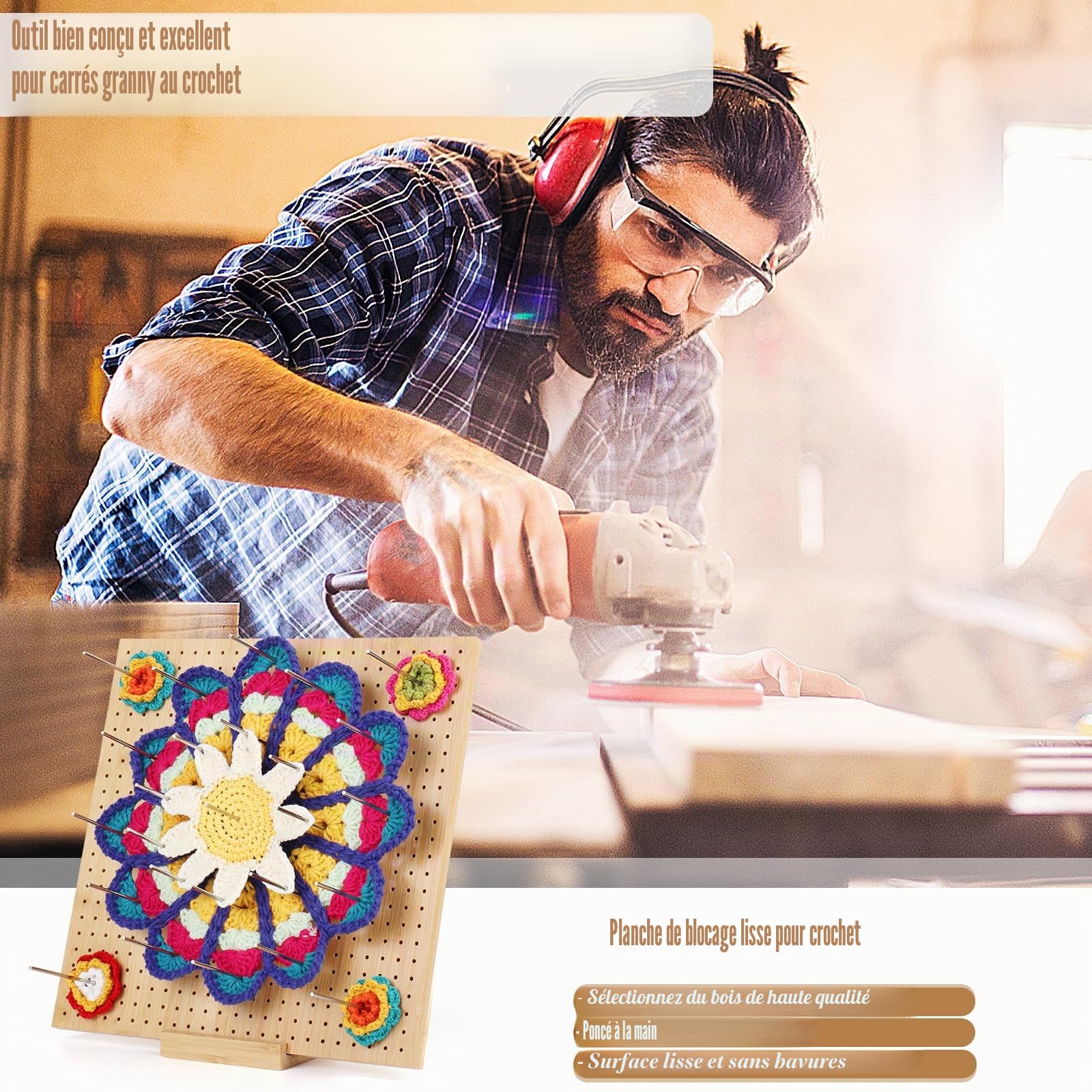 Coopay Grande Planche de Blocage Crochet, 33x33cm Pliable Bloqueur Granny Square Crochet, Planche Blocage Crochet Carré Granny en Bois, Accessoires de Crochet Tricot, avec 30 Tiges de Métal