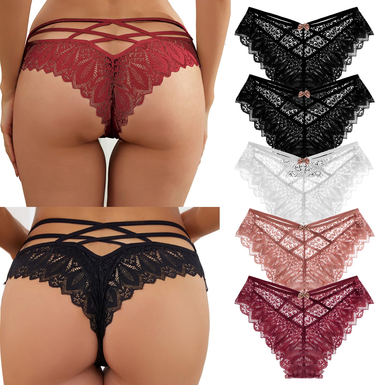SHAINE Zestaw 5 szt. Stringi Damskie Koronkowe Bielizna Seksowne Stringi Damskie Majtki Oddychające Bielizna Stringi Wygodne Majtki Bikini Miękkie S-XL