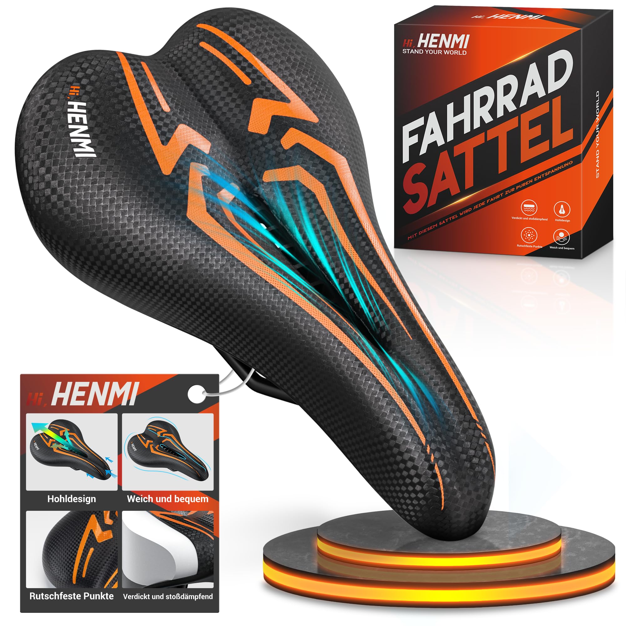 HENMI Fahrradsattel Herren Damen Weicher, Komfortabel Atmungsaktiv Stoßdämpfend Ergonomisch Fahrrad Sattel für Mountainbike MTB Trekking Rennrad Fahrradsitz