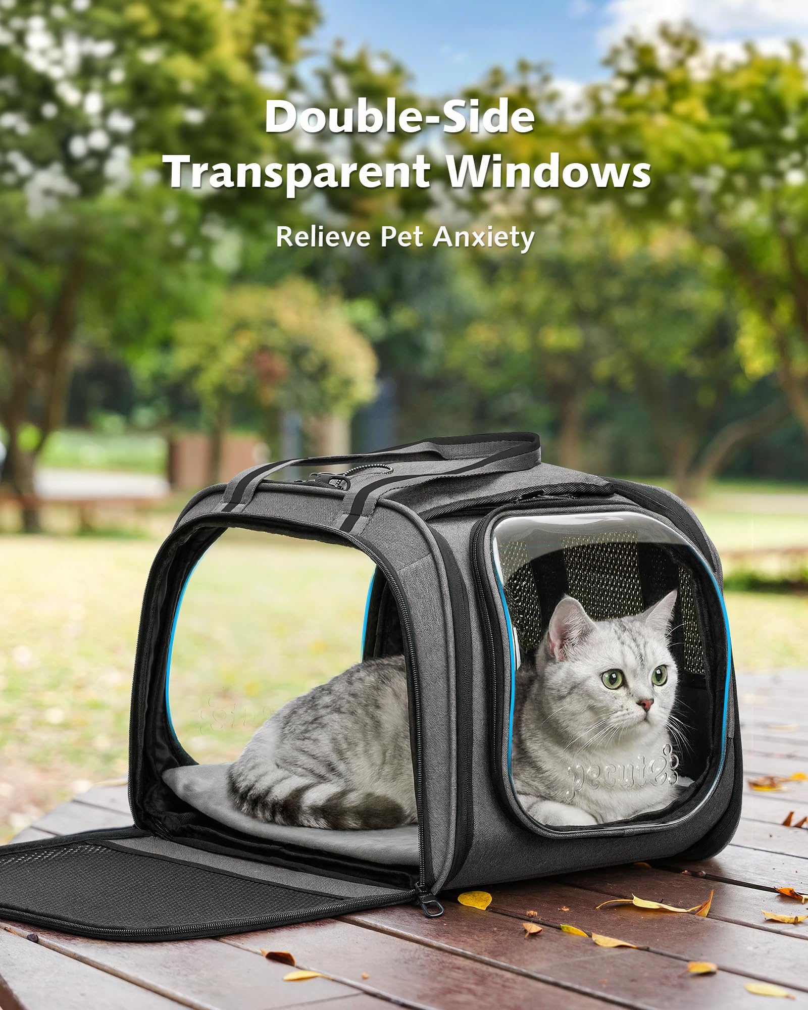 pecute Transportín Gato Grande, Coche Cero Ansiedad | Bolsa de Transporte Estructura de Acero Antideformación de 5mm, Persiana Enrollable de Privacidad, Ventana de Burbuja, Talla M, Gris