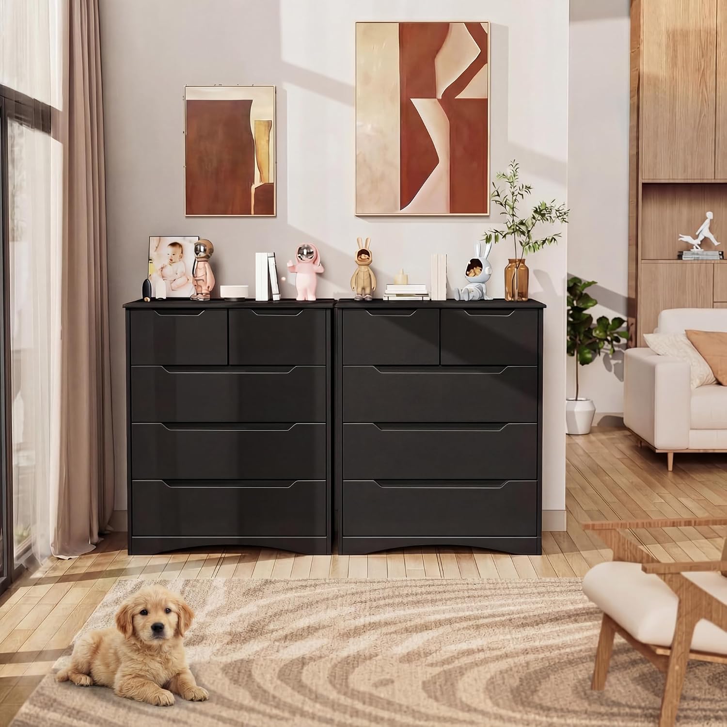 Gizoon 5 Drawers Chest, Black Dresser for Bedroom with Large Storage Capacity, Chest of Drawers with Embedded Handle, Sturdy Anti-Tripping Device for Hallway, Office, Living Room