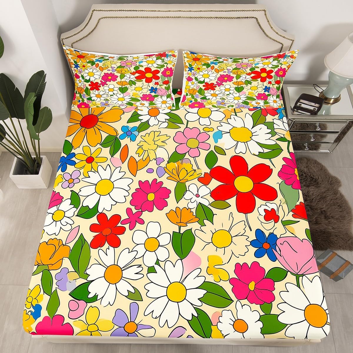 Retro 60s 70s Groovy Flower Fitted Sheet Queen,Rustic Psychedelic Blossom Bedding Sets Mens Women's Halloween Floral 1960's 1970's Hippie Bed Sheets Watercolor Floral Rural Pastoral Room Decor