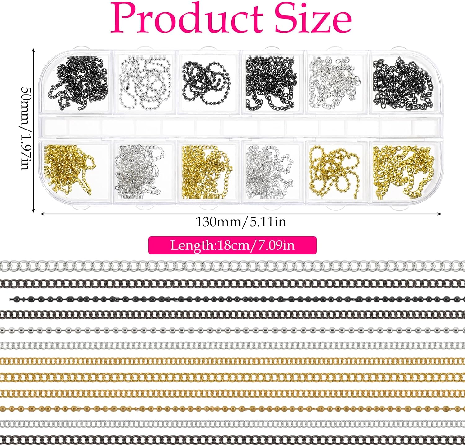 12 Strips Metal Nail Chains for Nail Art, 3D Gold Silver Black Chain Nails Charms, Fingernail Chains Decorations Charm for DIY Personality Manicure