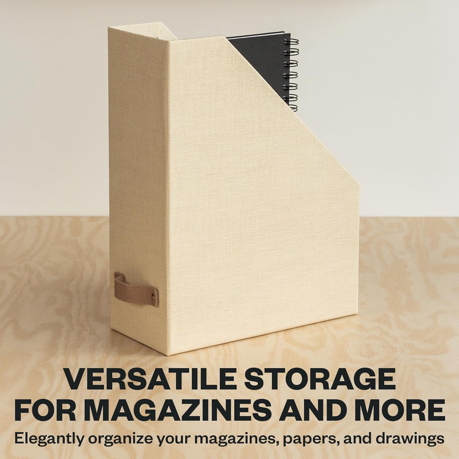 Bigso Estelle Magazine File - Magazine Holder and Organizer for Papers and Catalogs with Leather Handle - Magazine File Holder for Office Desks - 12.6 in x 4.5 in x 9.8 in - Cream
