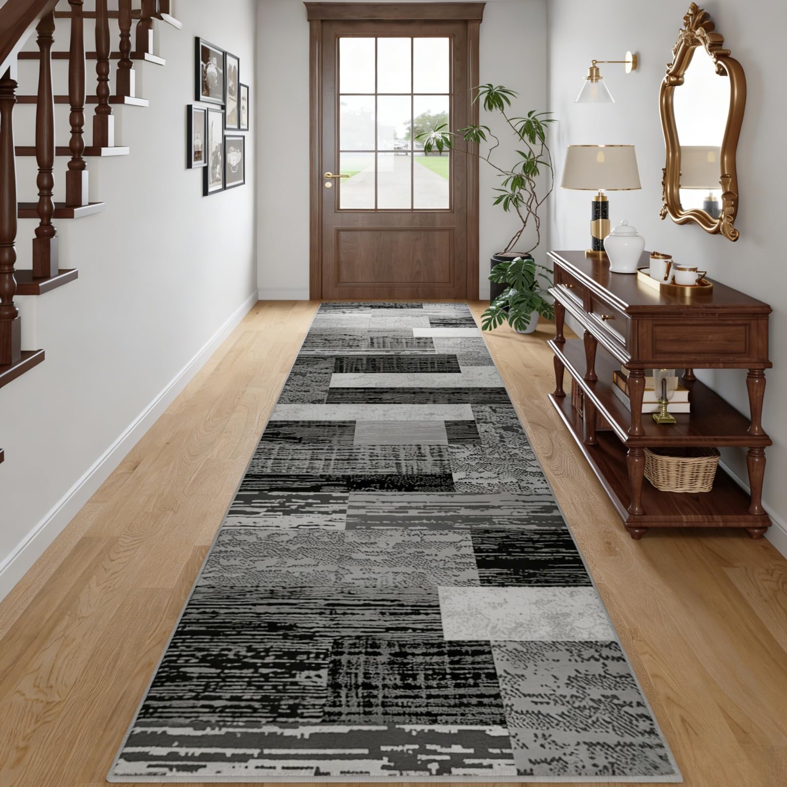 Photo 1 of FlyDOIT Modern Geometric Patchwork Runner Rug, 2.7x10 Grey Runners for Hallways Non Slip, Washable Indoor Bedside Rugs for Bedroom, Floor Throw Carpet Runners for Entryway Kitchen Bathroom Laundry