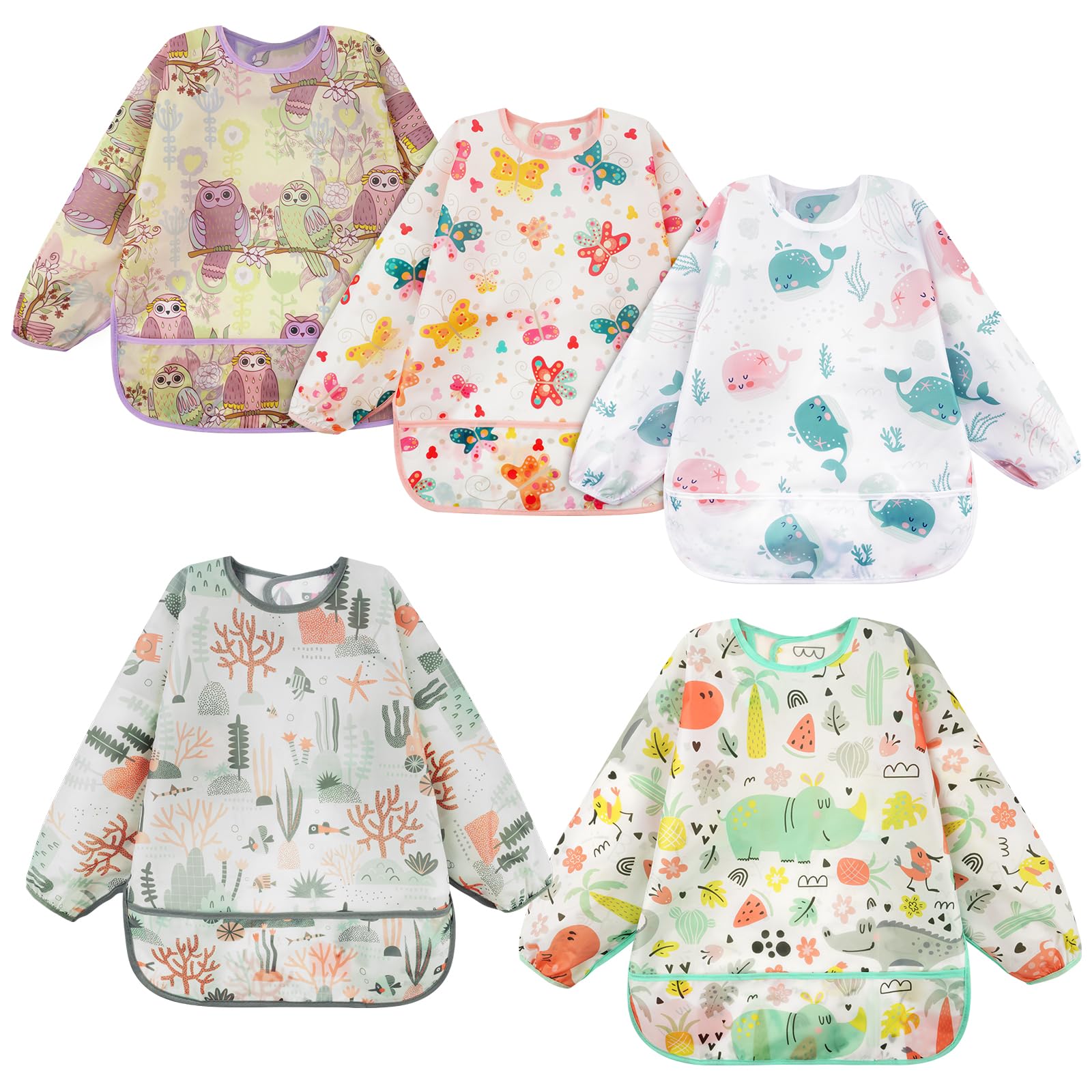 Vicloon Lätzchen Baby mit Ärmel, 5 Pack, Abwaschbar Ärmellätzchen Ganzkörper Lätzchen Baby, Unisex Lätzchen Set für Essen Kunst Handwerk Malerei Bemalen Spielen für 6-24 Monaten