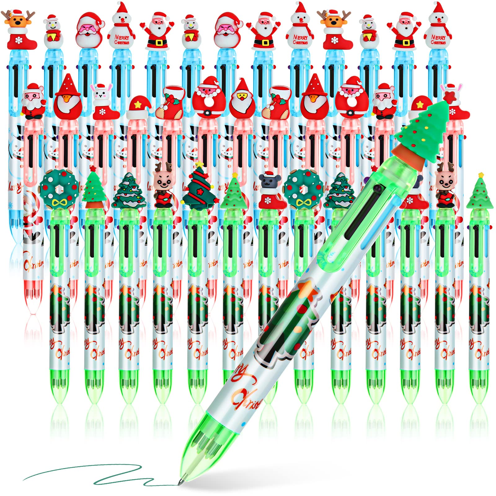 Meanplan 40 Pieces Christmas Pens Bulk 6-in 1 Christmas Multicolor Pen Cartoon Kawaii Xmas Tree, Santa Claus, Snowman, End of Year Gifts