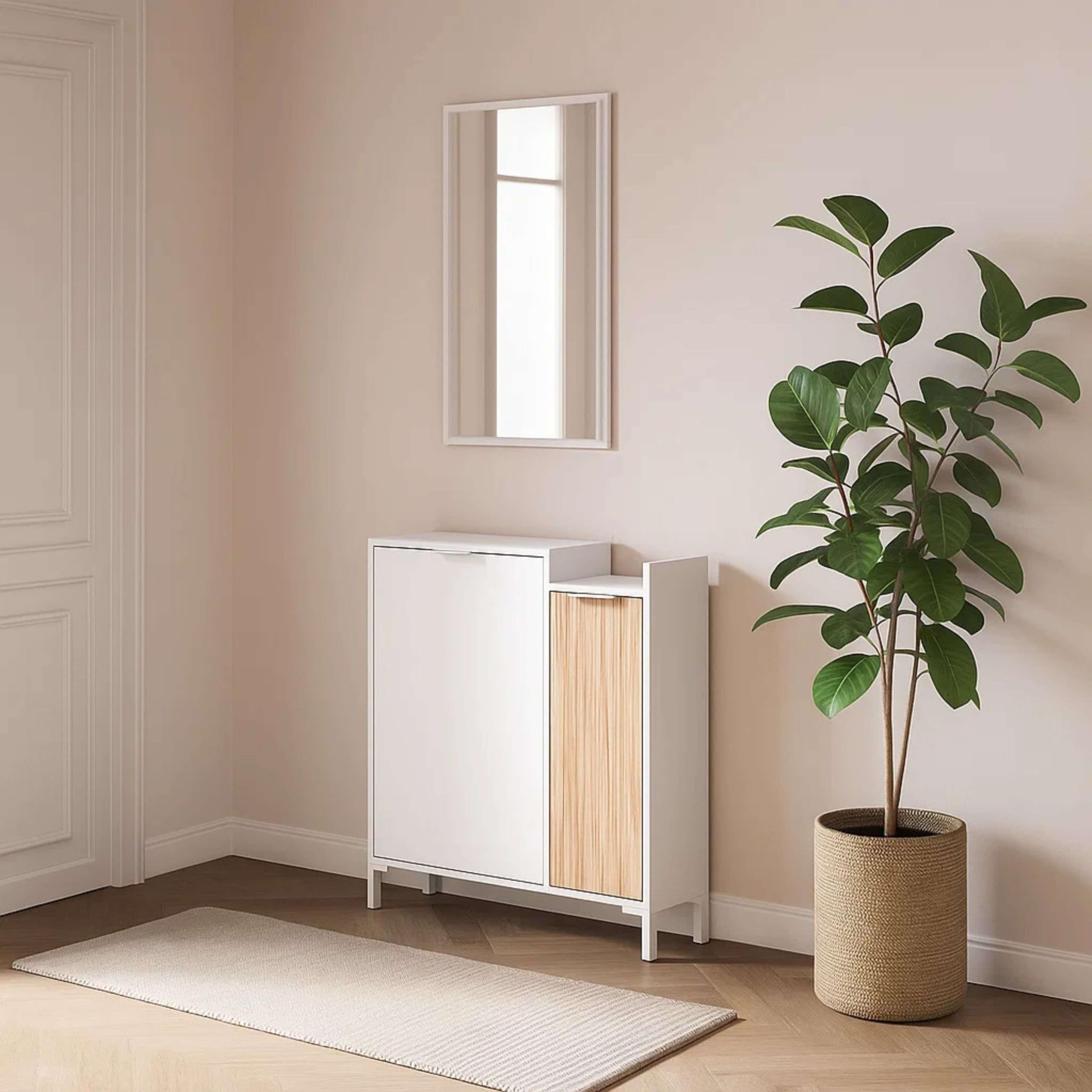 Habitdesign Mueble Recibidor para Entrada con Espejo Ethna Blanco Artik Y Natur Diseño Moderno 77x24Cm