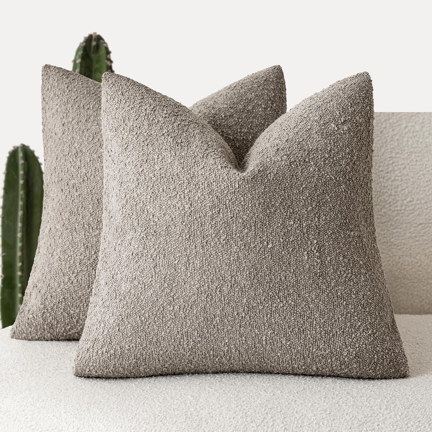 Foindtower Pack of 2 Textured Boucle Throw Pillow Covers Accent Solid Pillow Cases Cozy Soft Decorative Couch Cushion Case for Chair Sofa Bedroom Living Room Home Decor 20x20 Inch Light Taupe