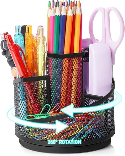 Soporte para lápices para bolígrafo de escritorio, 5 ranuras organizador de escritorio giratorio de 360, suministros de papelería de almacenamiento