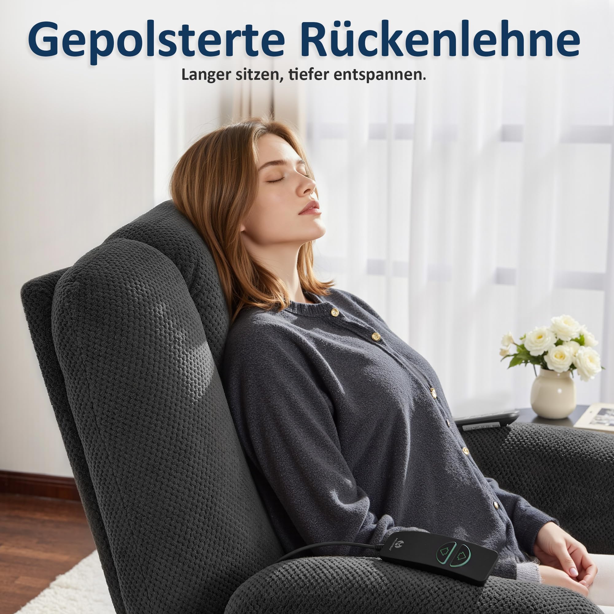 M MCombo Fauteuil TV à réglage électrique, Fauteuil Relax avec Fonction Chaise Longue, Fauteuil TV avec Fonction Massage & Chauffage, USB & Porte-Boissons, Salon, Tissu, 7008 (Gris foncé)