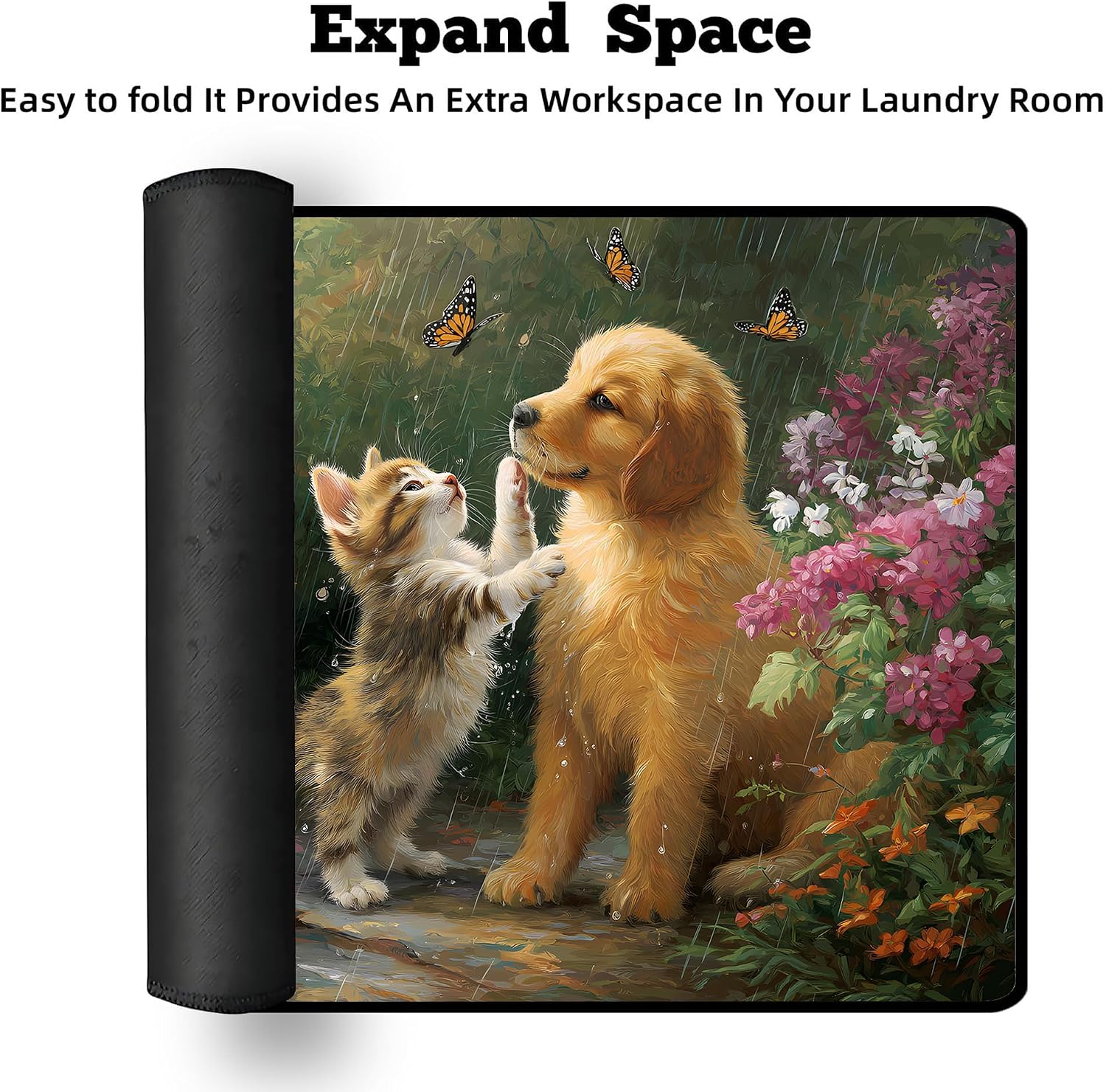 Washer Dryer Top Cover Mat 23.6" x 19.6", Golden Retriever Cat Rainy Garden Appliance Protector Pad, Non-Slip Absorbent Laundry Mat, Pet Animal Scratch-Resistant Dustproof Decor