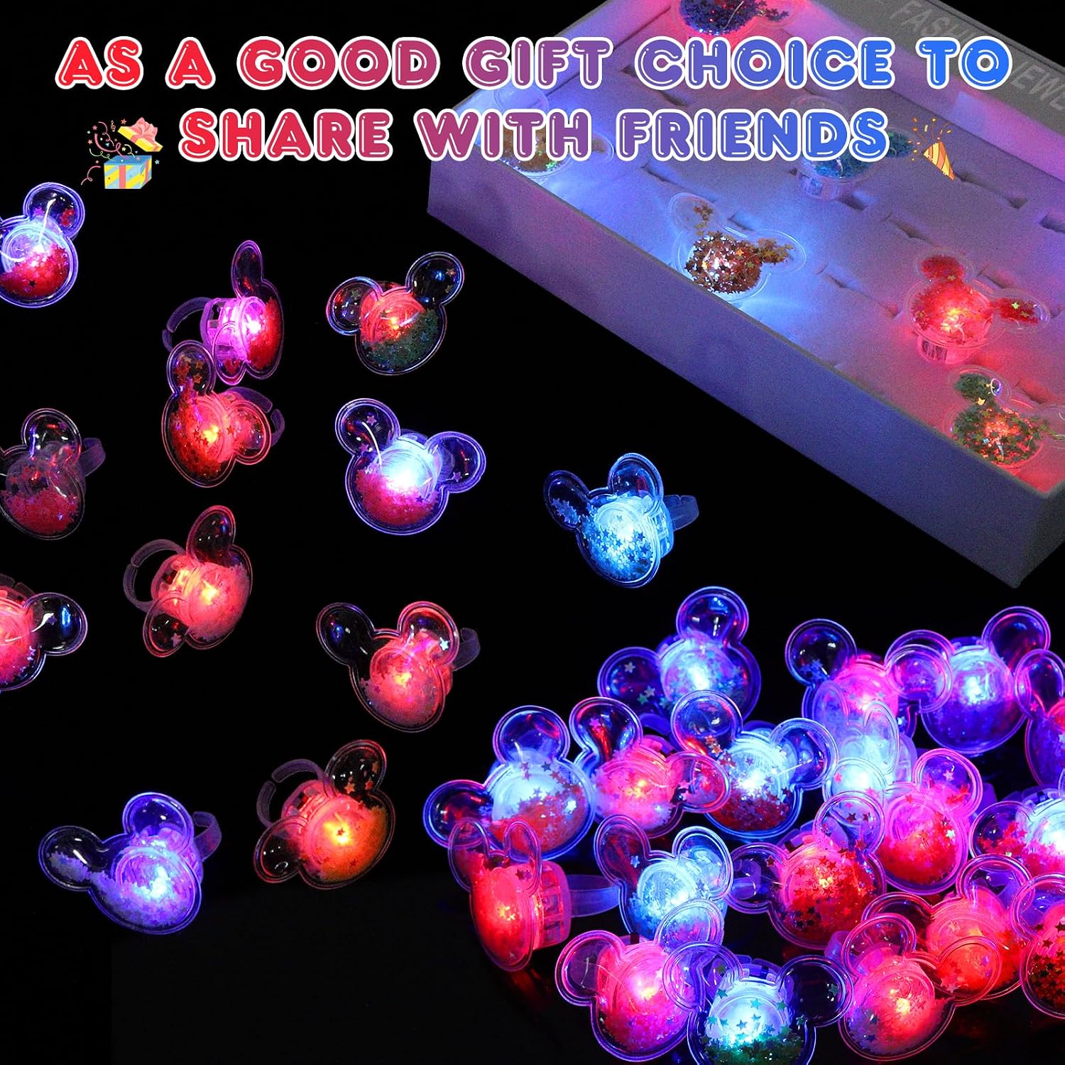 Mouse Party Favors 24 Pcs Glitter Mouse Ear LED Light Up Rings Glowing Finger Rings Toys for Birthday Party Supplies Classroom Prizes Pinata Goodie Bag Stuffers Gifts