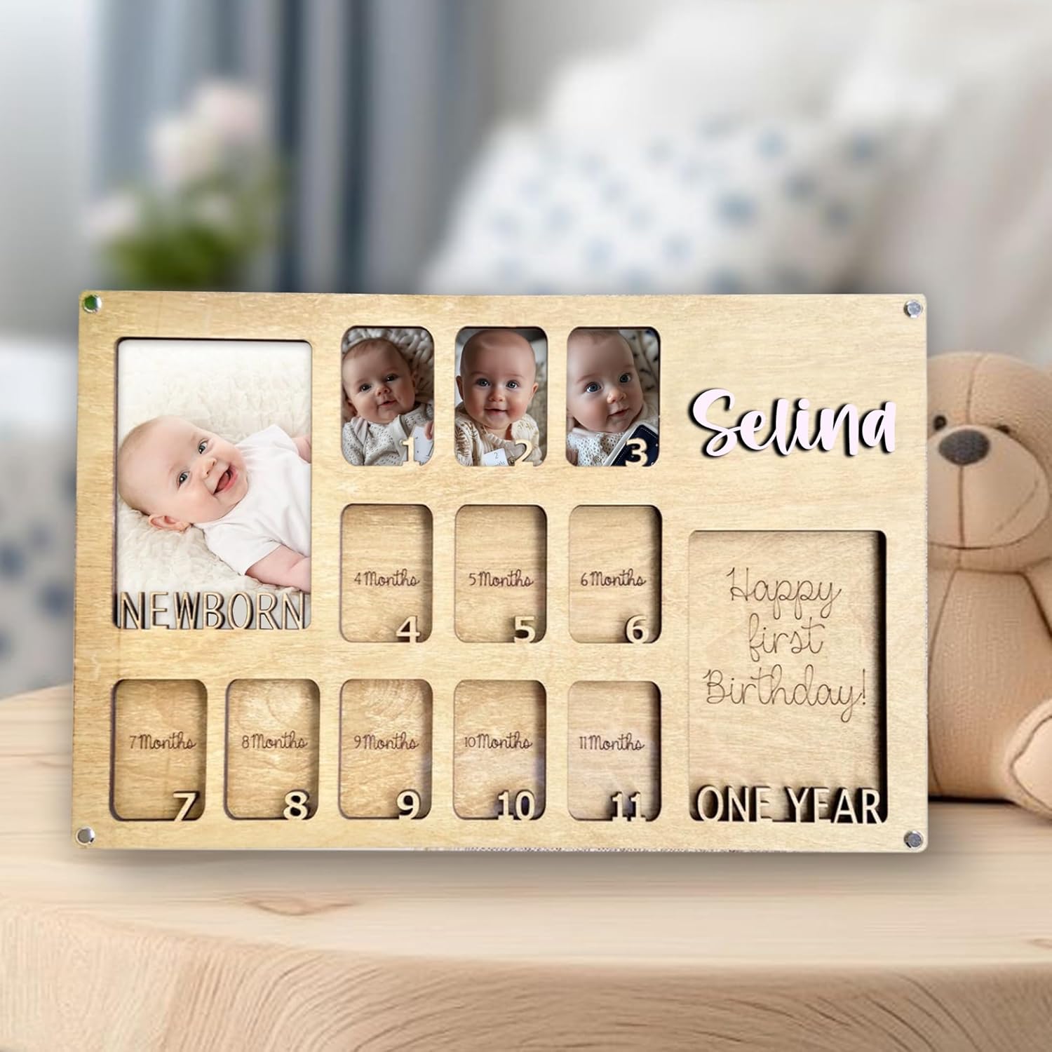 My First Year Photo Frame – Personalized Baby 12 Month Picture Frame Keepsake – Displays Two 4x6 Photos and Eleven 2x3 Pictures – Milestone Gift for Baby Boys or Girls