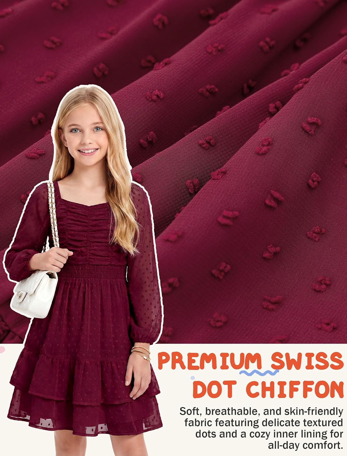 HOZIY Girls Dresses Casual Fall Long Sleeve Ruffle A-Line Dress for Birthday and Holiday 7-14Y