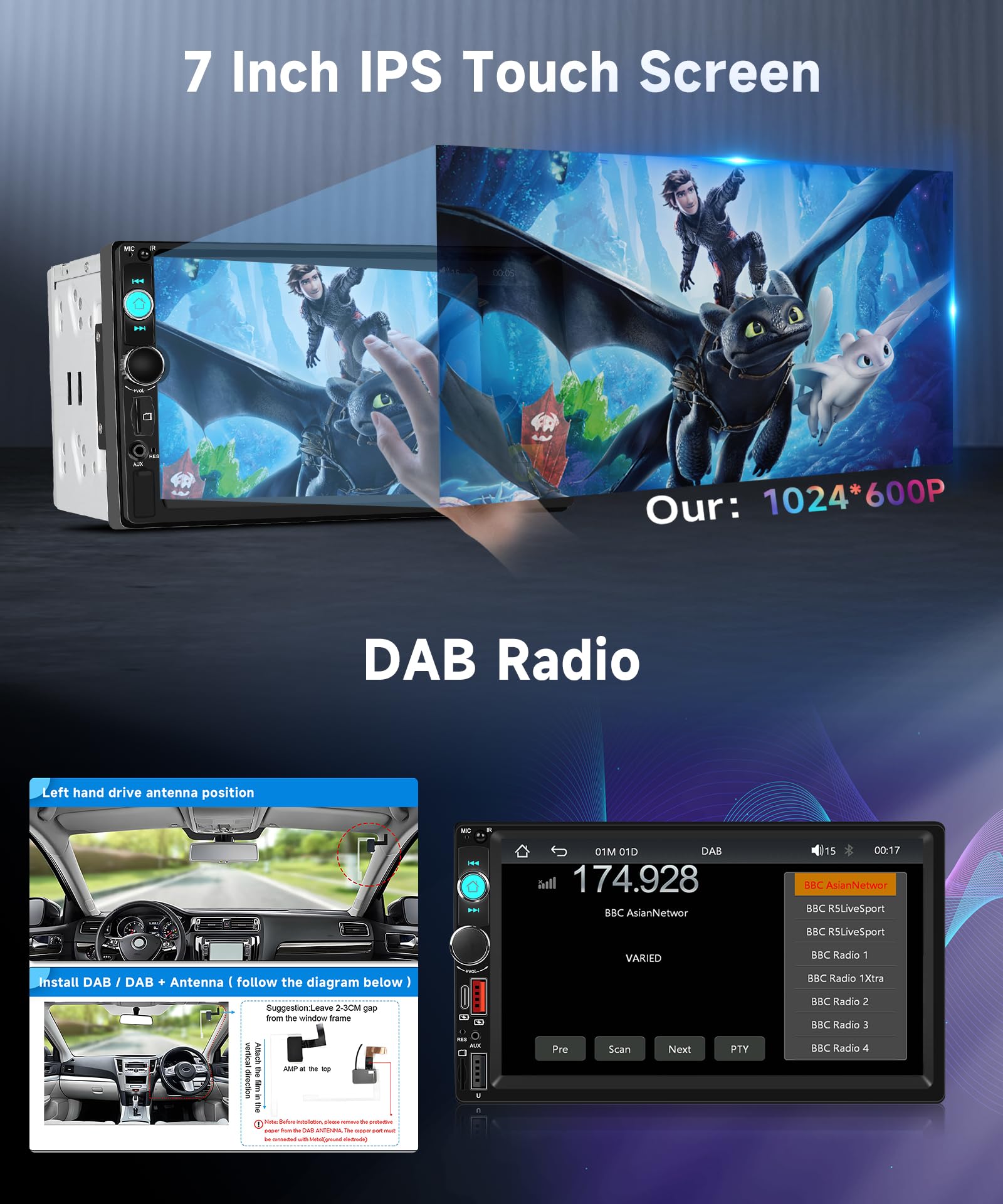 VECHTEL DAB+/DAB Autoradio 2 Din mit Drahtloses Carplay Android Auto, 7 Zoll IPS HD Touchscreen Auto Radio Unterstützung Bluetooth5.2 FM Radio USB/AUX Mirror Link Rückfahrkamera