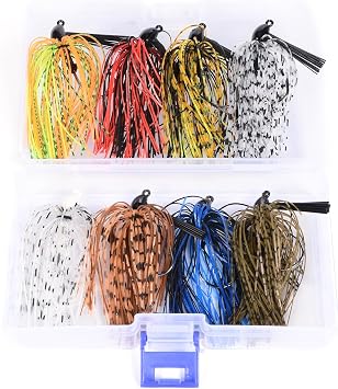 8Pcs Bass Jigs Fishing Lures Weedless Swim Jig with Weed Guard Multicolor Silicone Skirt 10g 3/8 oz Spinnerbait for Bass Pike Trout Saltwater Freshwater Fishing