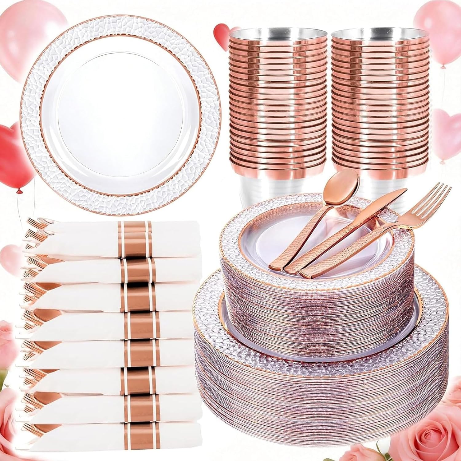 Ciaell 350PCS Rose Gold Plastic Plates - Clear Rose Gold Disposable Plates with Plastic Silverware include 100Plates, 150Silverware, 50Cups, 50Napkins for Wedding & Party & Valentine's Day