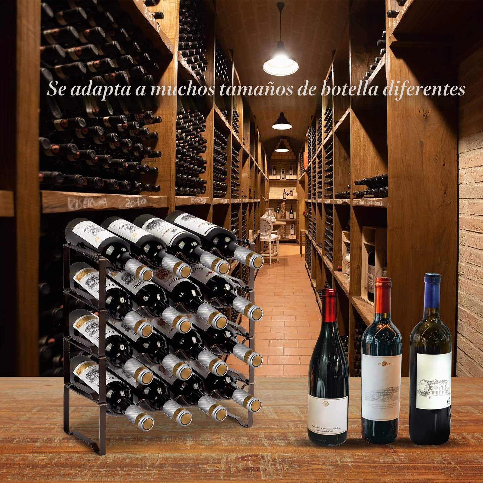 Bomclap Botellero de metal, apilable para 16 botellas, para sótano, bar y trastero, botellas modulares extensibles estables y almacenamiento de vino (4 pisos)