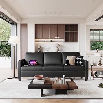 STHOUYN 73 Black Faux Leather Couch, Modern Comfy Office 3 Seater Sofa Couch with Tufted Armrest and USB, Small Loveseat Couches for Living Room, Apartment, Bedroom