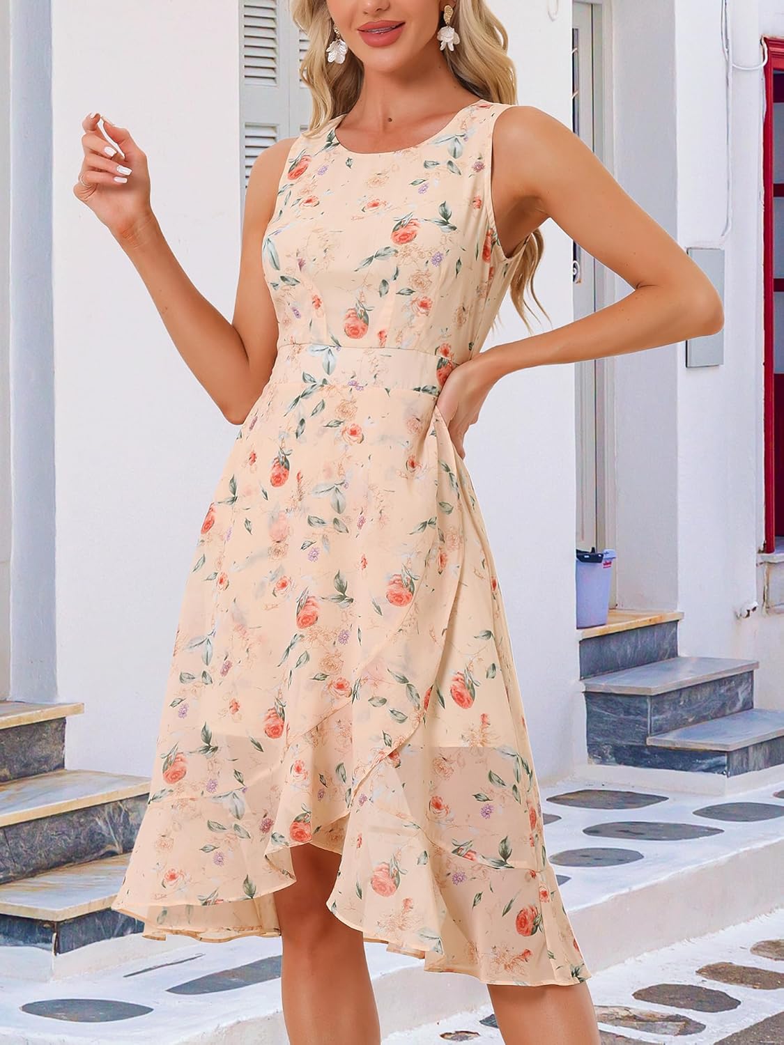 Allegra K Women's Summer Dresses 2026 Wrap Ruffle High Low Hem Round Neck Keyhole Back Sleeveless Floral Dress - Image 2