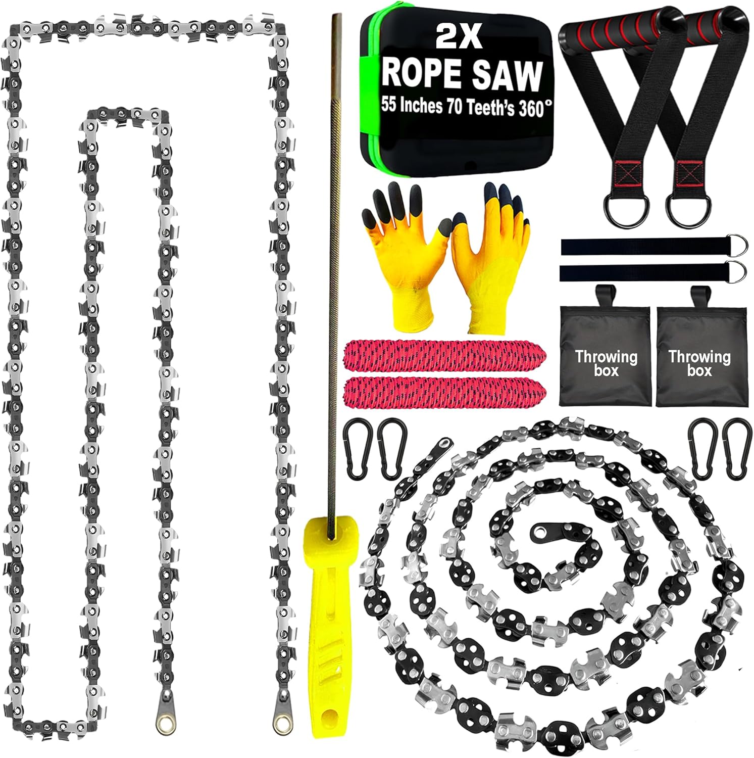 2 Pack High Limb Rope Saw 55 Inch – Dual Sided Manual Chainsaw with 70 Sharp Teeth Tree Rope Chain Saw for High Limbs with Storage Box – Heavy Duty Rope Saw for Tree Cutting, Camping & Survival