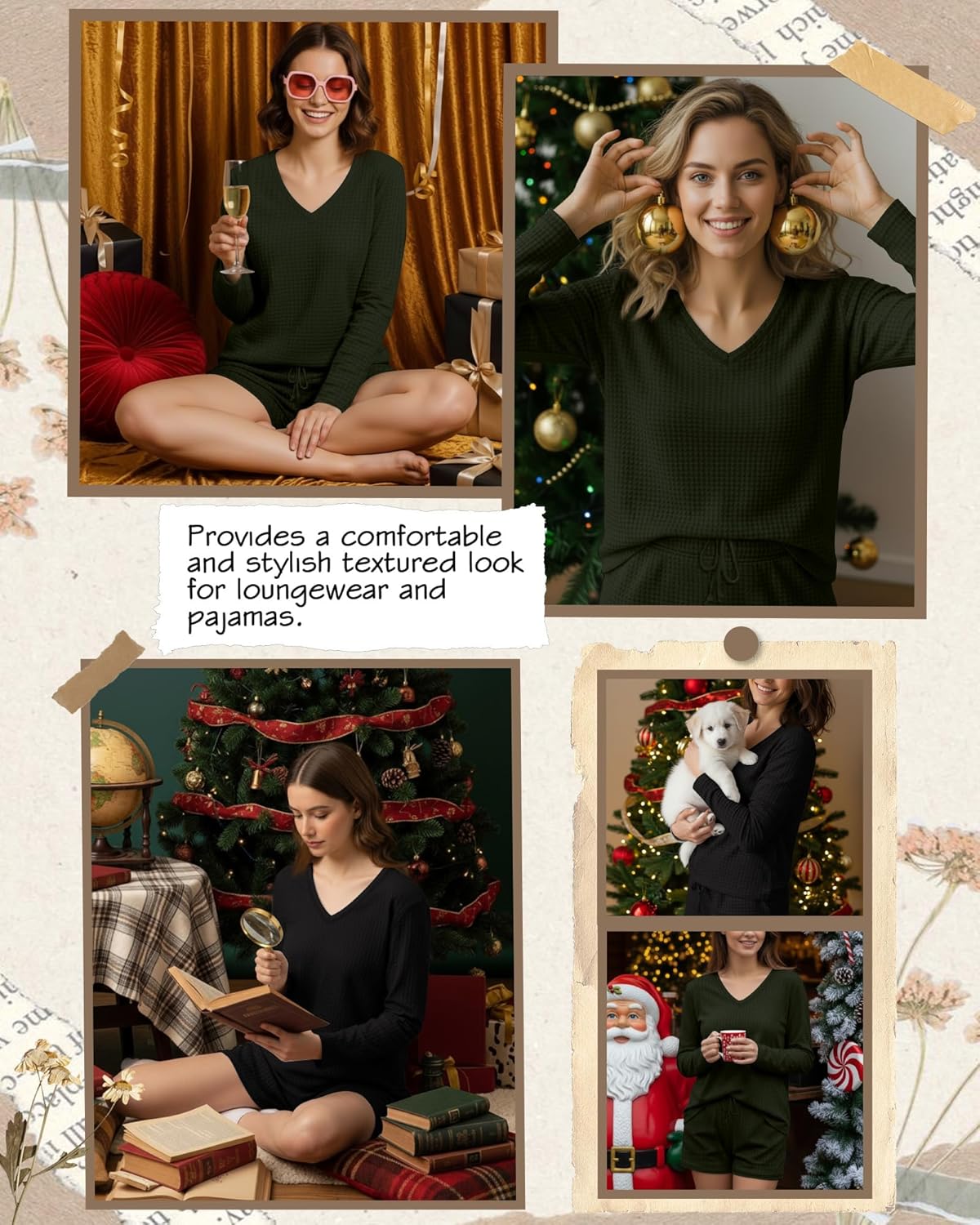 2 Pack Women's Waffle Knit Lounge Sets Long Sleeve V Neck Pajama Sets Tops and Shorts Loungewear with Pockets - Image 6