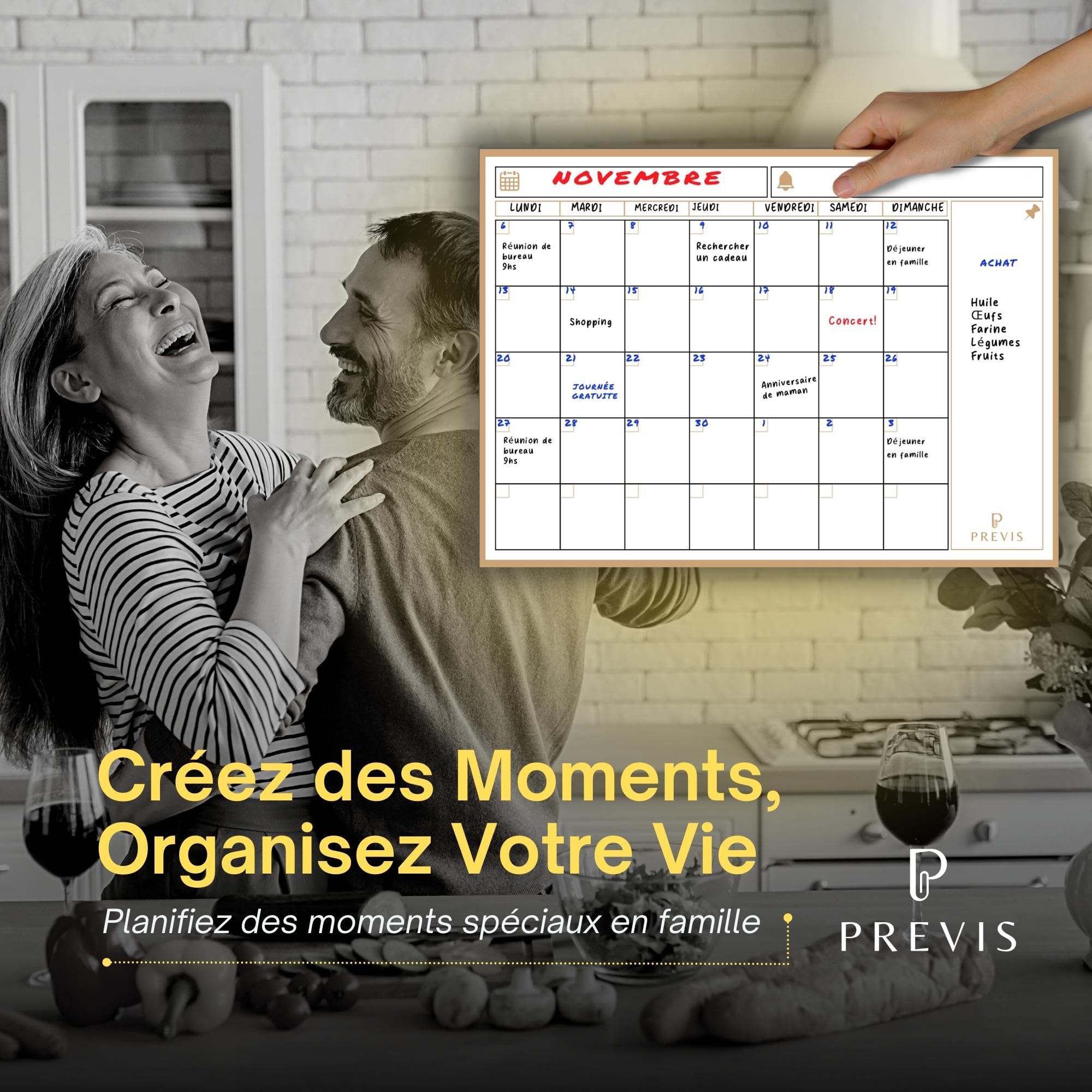 Calendrier Magnétique Frigo A3 Previs (30x40cm) - Planning Mensuel 2024 Avec 3 Marqueurs - Organisation Familiale