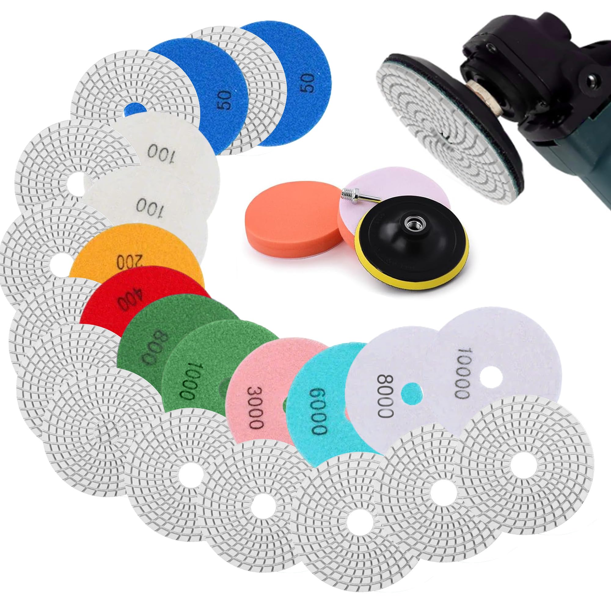16 Stück Polierscheiben Set: 125MM Nass Polierscheibe mit M14 Stützteller+Adapter für Granit Stein Beton Marmor Bodenschleifer oder Polierer Marmor für polieren (50# -10000#)
