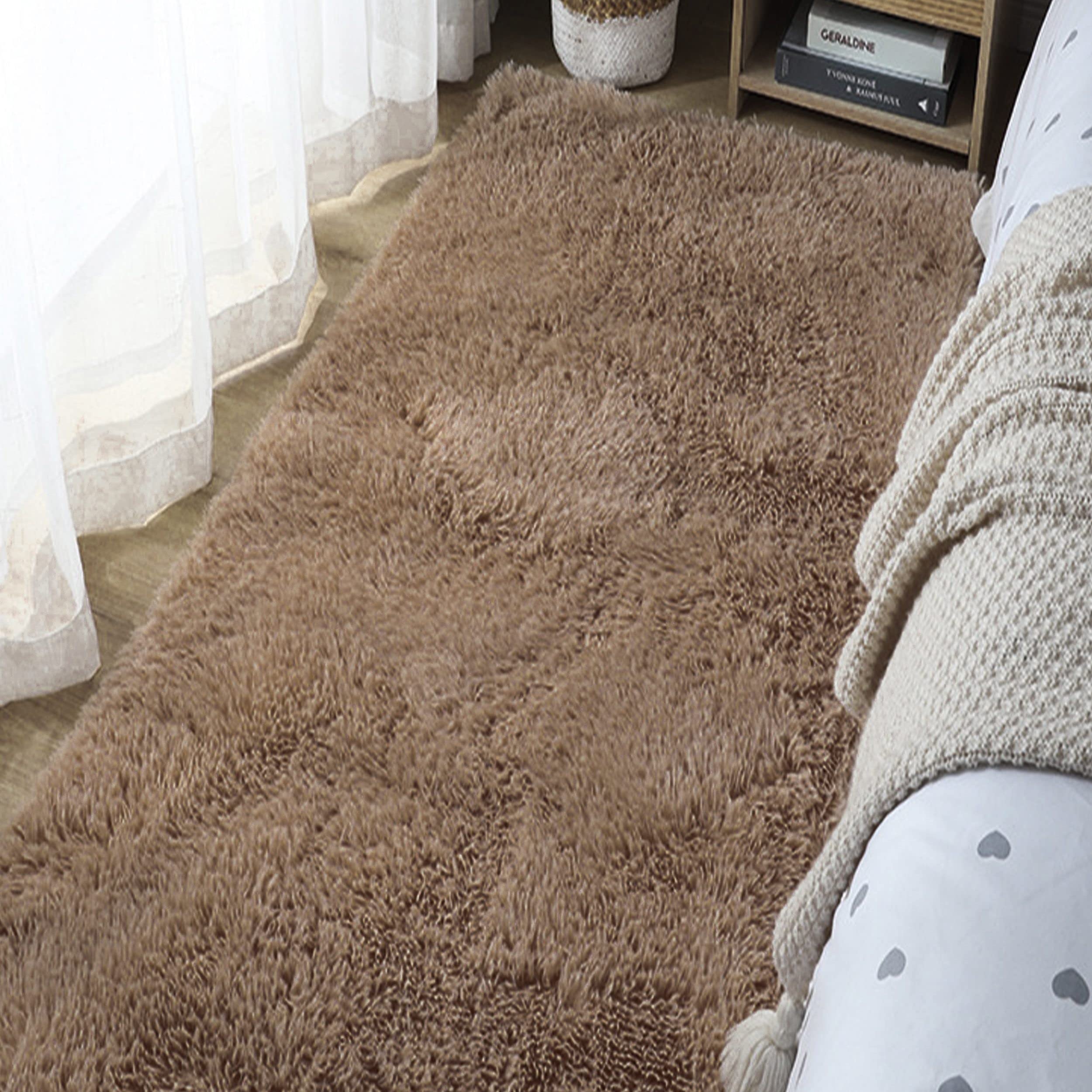 DALINA Textil Alfombra Decorativa de Pelo Largo Extra Suave -Alfombra Antideslizante para Salón Dormitorio Rectangular (40X60CM, Marrón)