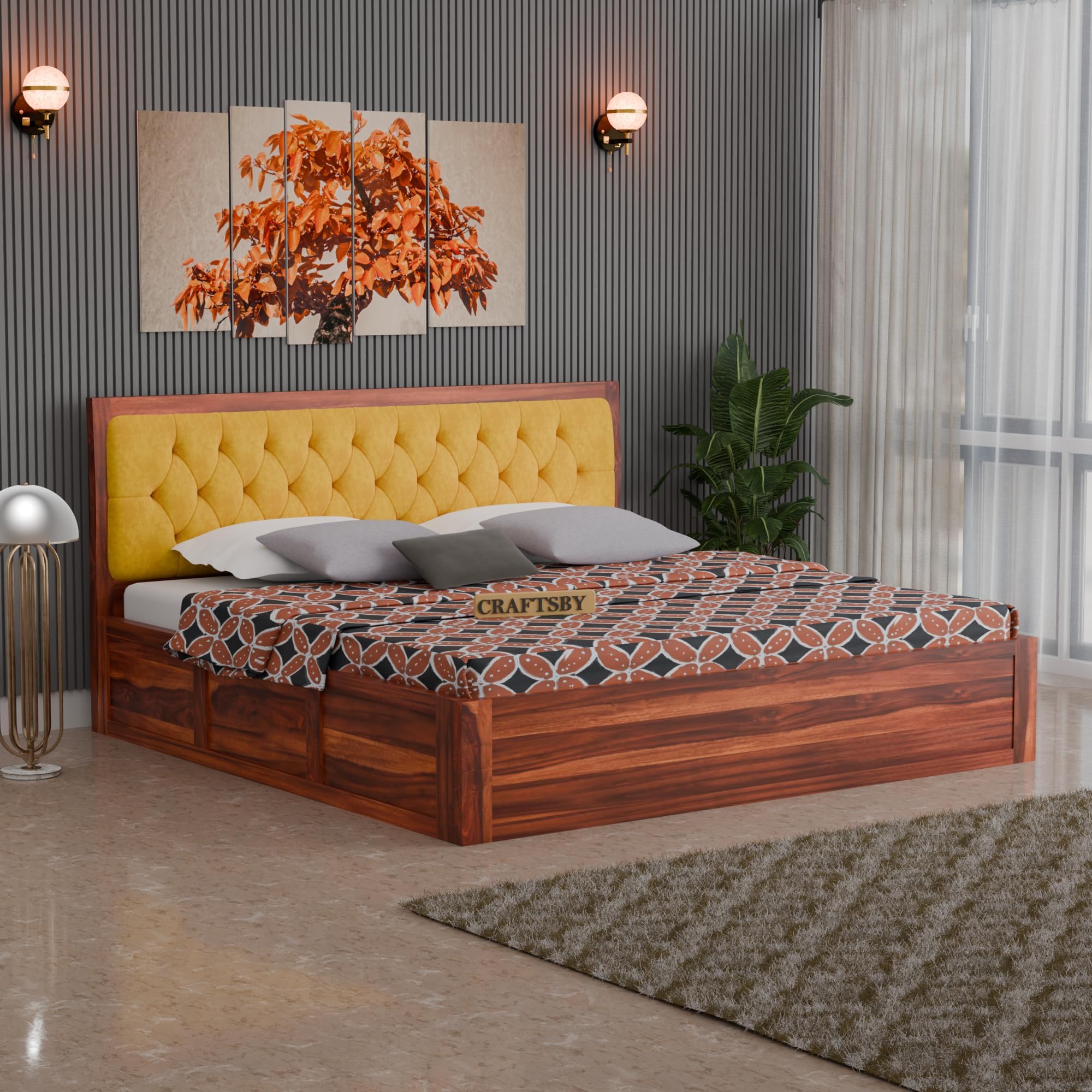 Solid Sheesham Wood King Size Bed with Box Storage | Yellow Upholstered Cushion Headboard | Wooden Double Bed for Bedroom | Palang/Cot/Mancham | Honey Finish