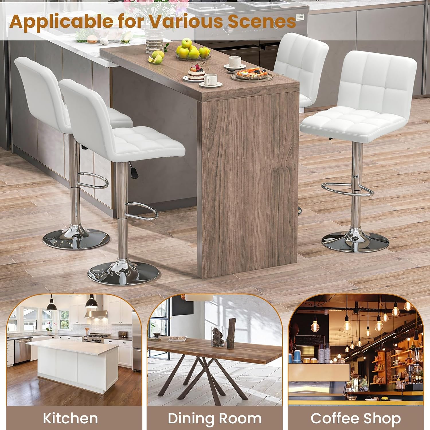 COSTWAY Bar Stools Set of 4, Modern PU Leather Swivel Bar Chairs, Height Adjustable Upholstered Barstools with Premium Gas Rod, Sturdy Footrest, Round Base, for Kitchen, Dining Room, Office, White
