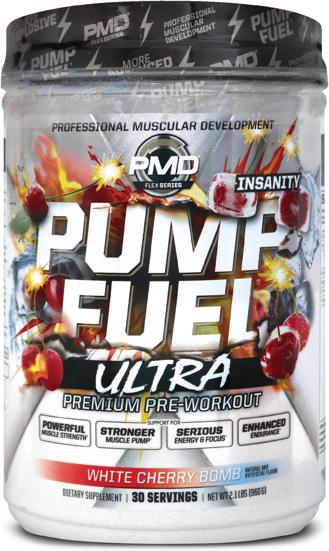 PMD Sports Pump Fuel Ultra Insanity - Premium Pre Workout Powder & Muscle Pump, Greater Focus, Endurance & Recovery, Premium Creatine, Arginine & Beta Alanine - Cherry Bombsicle (30 Servings)