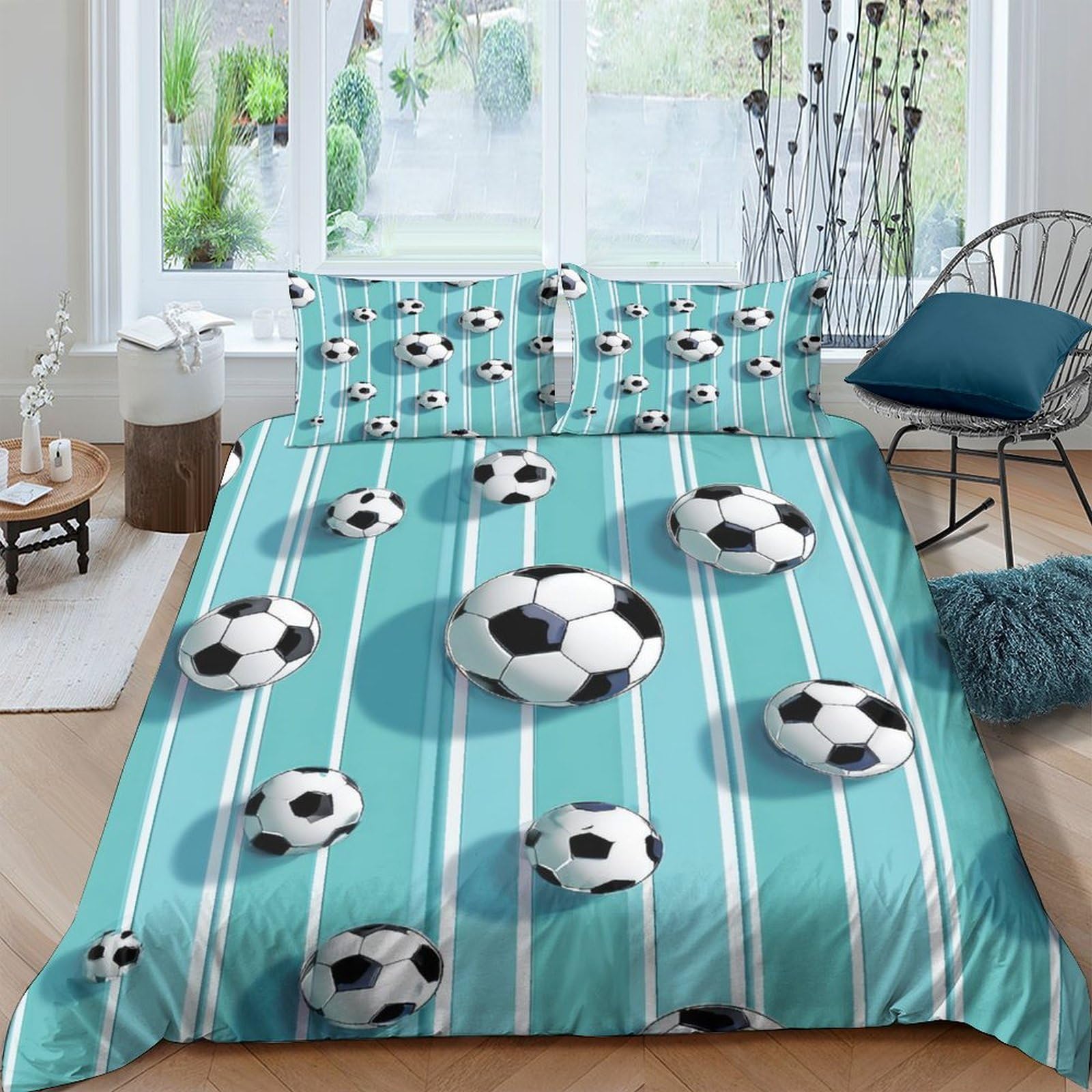 Ctjqhvkz Style-6 3D Printed Soccer Ball Fitted Sheet Microfiber Blue Stripe Bed Cover For Bedroom Guest Room Easy Care Decor Single（135X200cm）