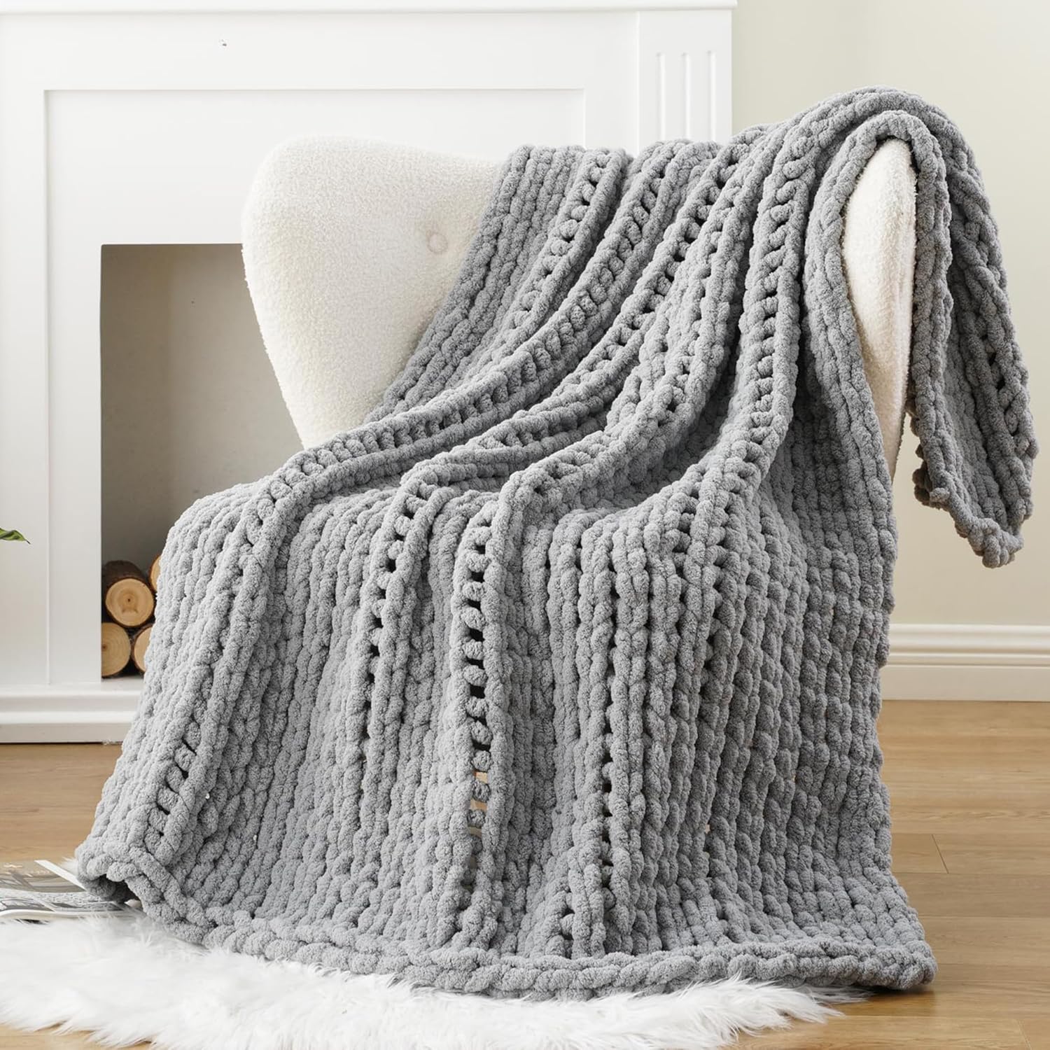 Battilo Chunky Knit Throw Blanket, Soft and Thick Chenille Throw Blanket, 50"x60" Handmade Cable Knit Crochet Blanket, Light Grey Knot Knitted Throw Blankets for Couch Sofa Bed Home Decor, Light Grey - Image 3