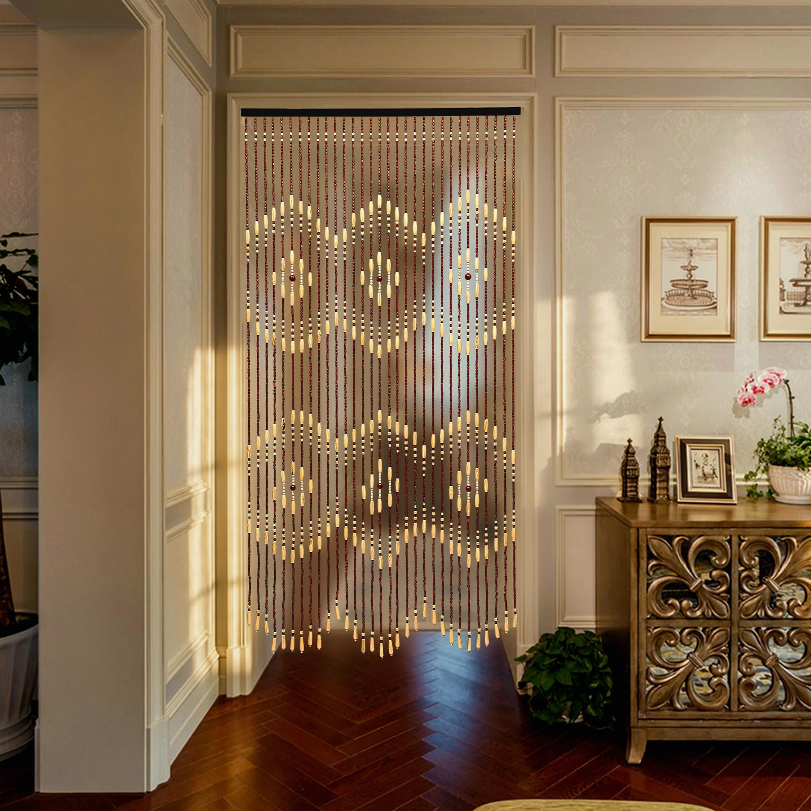 MINRS Tenda per porta, tenda decorativa, tenda in perle di bambù e legno, misure 90 x 175 cm, tenda in legno e bambù per porte in soggiorni, balconi, cortili, uffici, Beige e Marrone